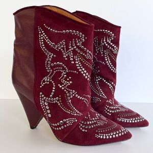 Isabel Marant Burgundy Ankle Boots with Silver Studs